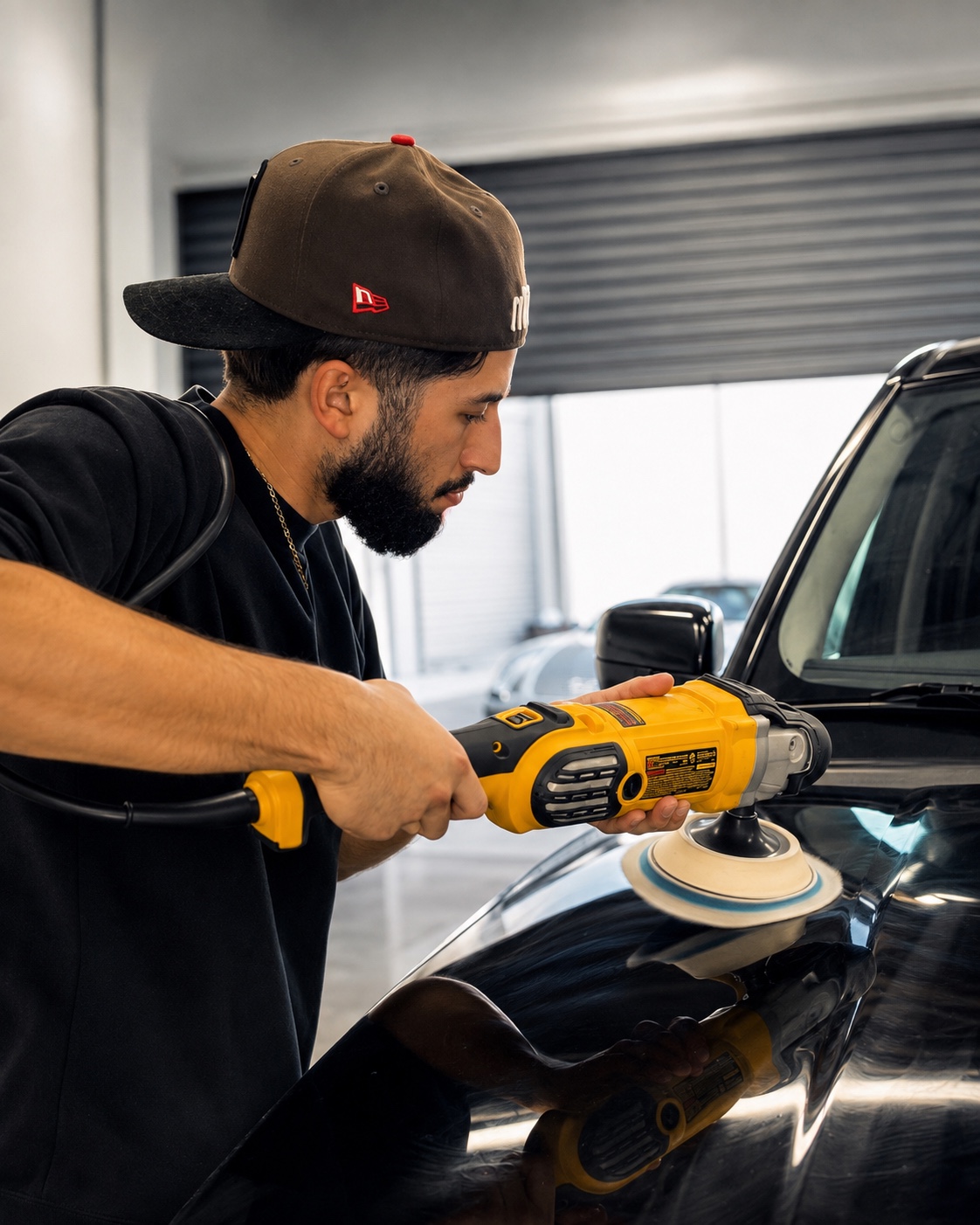 Daniel Perales, owner and lead detailer at House of Detailing, polishing a black vehicle